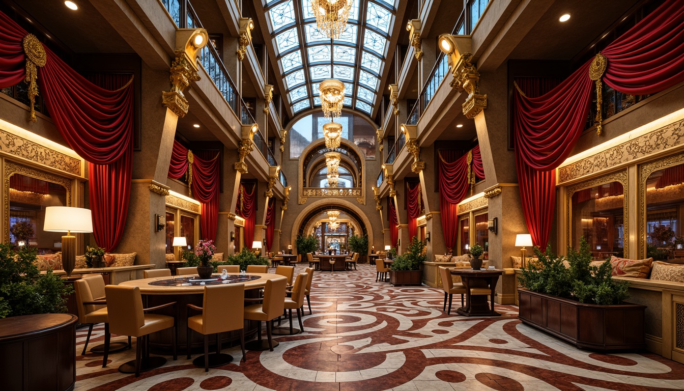 Prompt: Luxurious casino interior, ornate Art Nouveau patterns, flowing curves, organic shapes, rich gold accents, velvety red drapes, intricate mosaics, stained glass ceilings, grand chandeliers, opulent furnishings, lavish textiles, metallic leaf motifs, whimsical flourishes, dramatic lighting, high-contrast shadows, warm color palette, eclectic decorative elements, curved lines, geometric patterns, natural materials, marble floors, ornate mirrors, luxurious atmosphere, sense of indulgence.