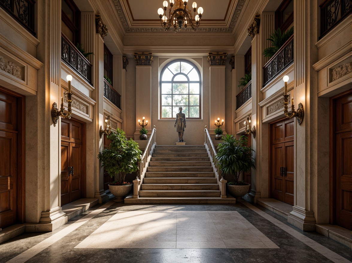 Prompt: Grand courthouse building, classical architecture style, symmetrical facade, ornate columns, majestic entrance, granite steps, bronze door handles, carved wooden doors, stained glass windows, intricate moldings, solemn atmosphere, natural stone walls, grand staircases, high ceilings, elegant chandeliers, sophisticated lighting, dramatic shadows, 1/1 composition, frontal view, realistic textures, ambient occlusion.