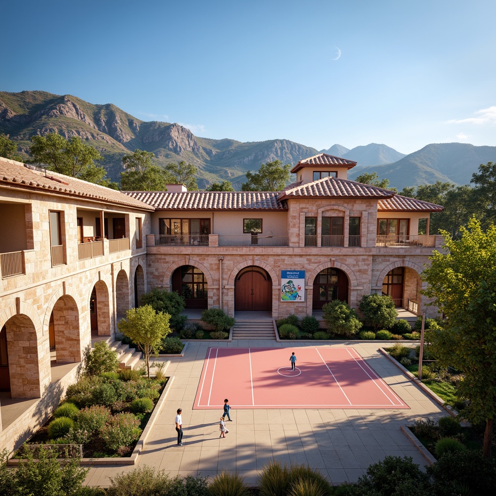 Prompt: Regionalist gymnasium, rustic stone facades, arched windows, ornate brick details, Mediterranean-inspired roof tiles, earthy color palette, natural stonework, athletic tracks, sports equipment, vibrant murals, educational signage, scenic mountainous background, clear blue sky, warm sunlight, shallow depth of field, 3/4 composition, panoramic view, realistic textures, ambient occlusion.