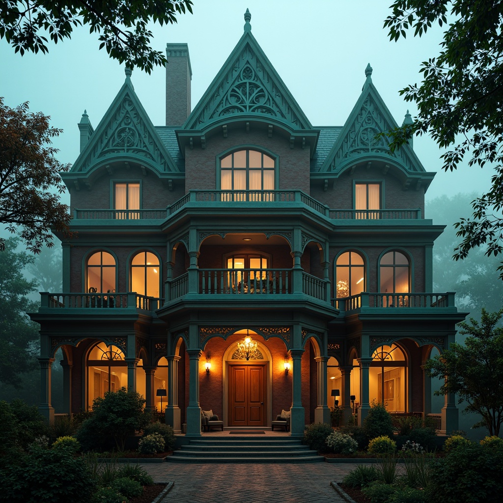 Prompt: Majestic Gothic Revival mansion, intricate stone carvings, grandiose turrets, vibrant turquoise accents, warm golden lighting, rich burgundy walls, ornate wooden furnishings, lavish velvet drapes, delicate lace curtains, soft misty atmosphere, mystical foggy background, dramatic chiaroscuro, 1/2 composition, cinematic view, highly detailed textures, atmospheric scattering.