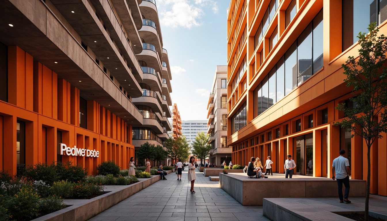 Prompt: Vibrant orange accents, modern brutalist architecture, industrial materials, exposed ductwork, concrete structures, urban cityscape, busy street life, warm sunny day, high contrast lighting, shallow depth of field, 1/2 composition, bold geometric shapes, minimalist decor, metallic surfaces, neon signage, dynamic energy, playful ambiance, abstract patterns, futuristic vibes.