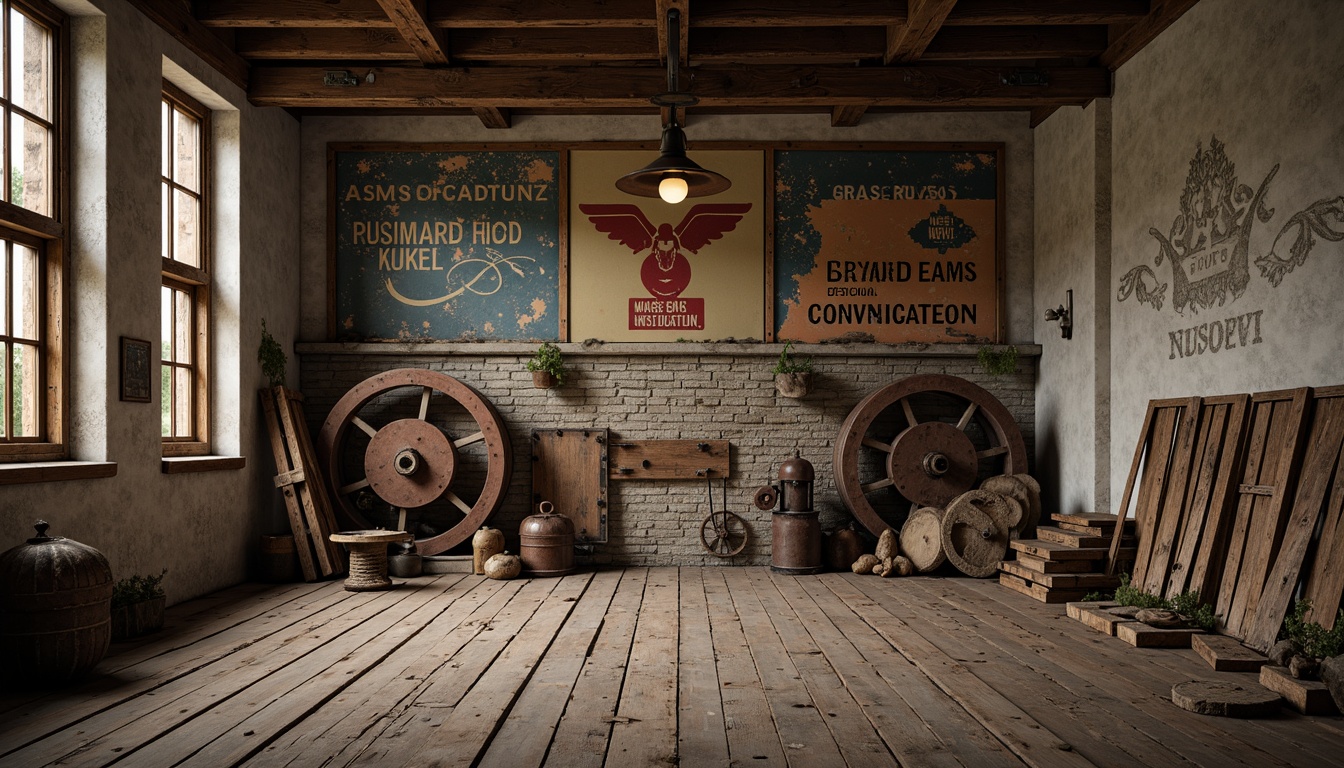 Prompt: Rustic wooden planks, weathered stone walls, distressed metal sheets, rough-hewn brick facades, peeling paint effects, worn concrete floors, faded signage, vintage machinery parts, industrial-era relics, nostalgic ambiance, soft warm lighting, shallow depth of field, 3/4 composition, realistic textures, ambient occlusion.