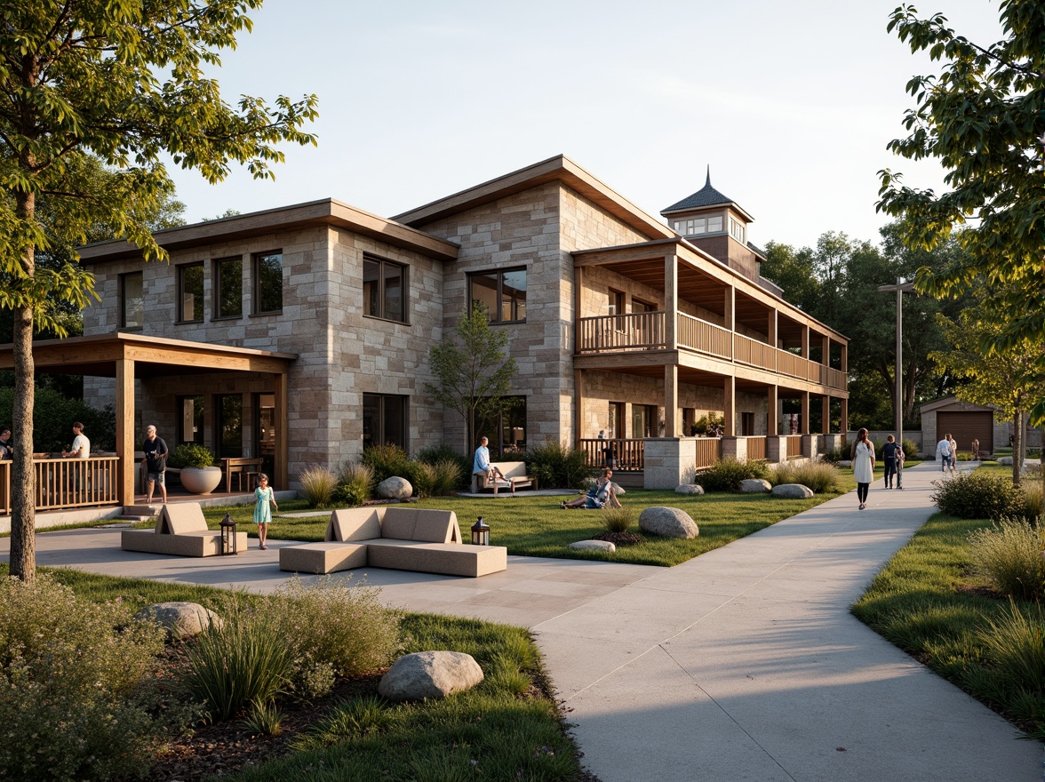 Prompt: Rustic gymnasium building, regionalism style architecture, natural stone fa\u00e7ade, earthy tone colors, wooden accents, pitched roofs, asymmetrical design, lush greenery, native plants, wildflowers, meandering pathways, weathered wood benches, lantern-style lighting, rustic metal railings, outdoor fitness stations, exercise equipment, shaded areas, misting systems, warm afternoon light, soft focus, 1/2 composition, atmospheric perspective, detailed textures.