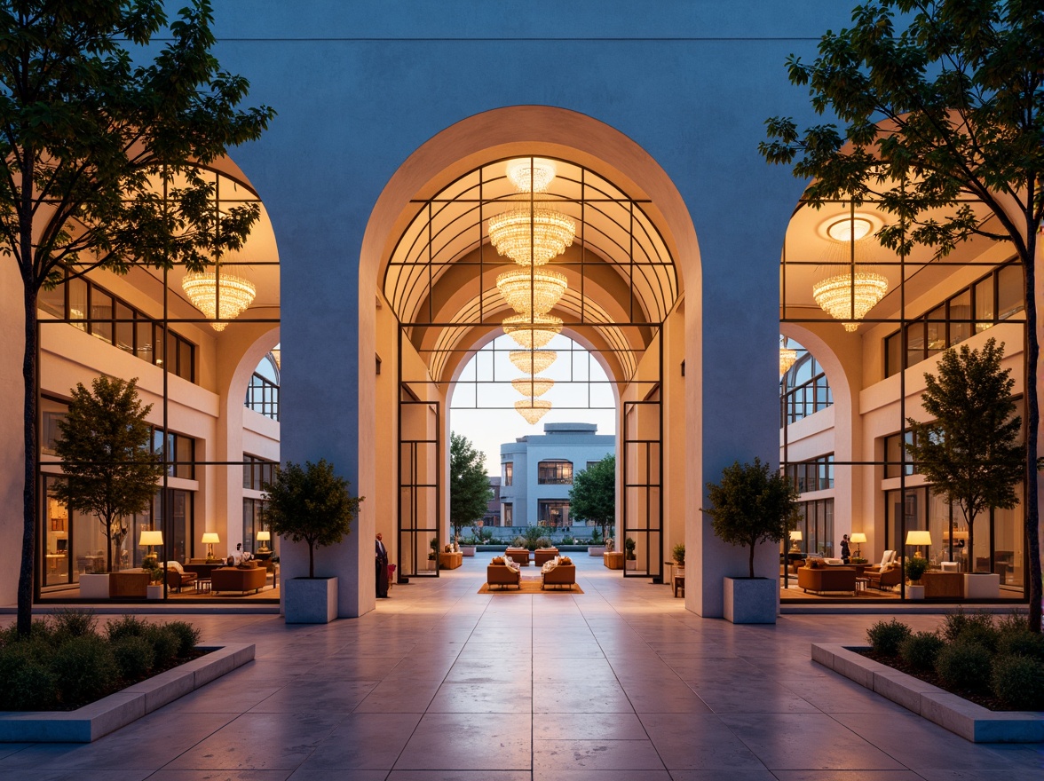 Prompt: Ethereal entrance, glowing archways, iridescent glass doors, shimmering facade, luminous canopies, delicate metal latticework, airy atriums, crystal chandeliers, soft warm lighting, subtle gradient effects, 3/4 composition, panoramic view, realistic reflections, ambient occlusion.