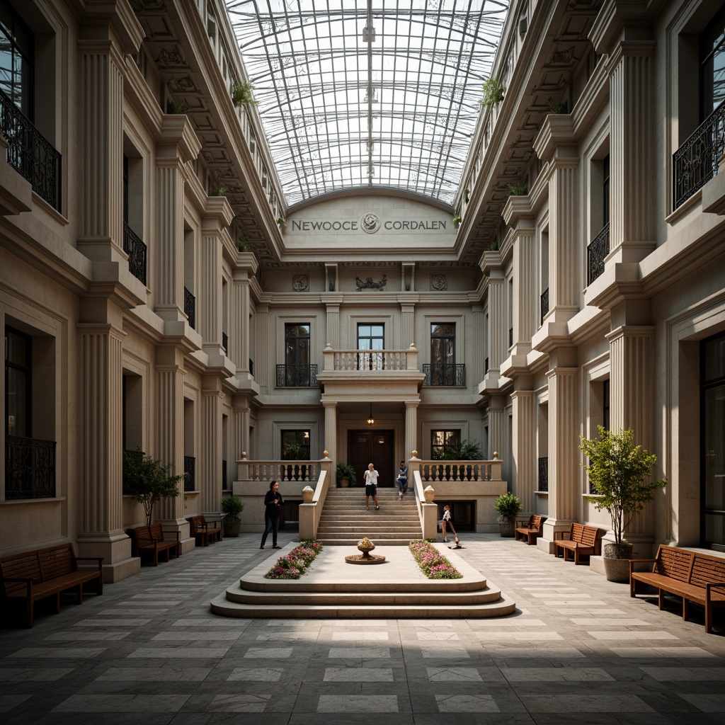 Prompt: Grand courthouse, neoclassical architecture, limestone fa\u00e7ade, granite columns, ornate sculptures, stained glass ceiling, wooden benches, historic significance, solemn atmosphere, natural light pouring in, high ceilings, grand staircase, intricate moldings, bronze door handles, marble floors, impressive atrium, symmetrical composition, dramatic lighting, subtle color palette, realistic textures, ambient occlusion.