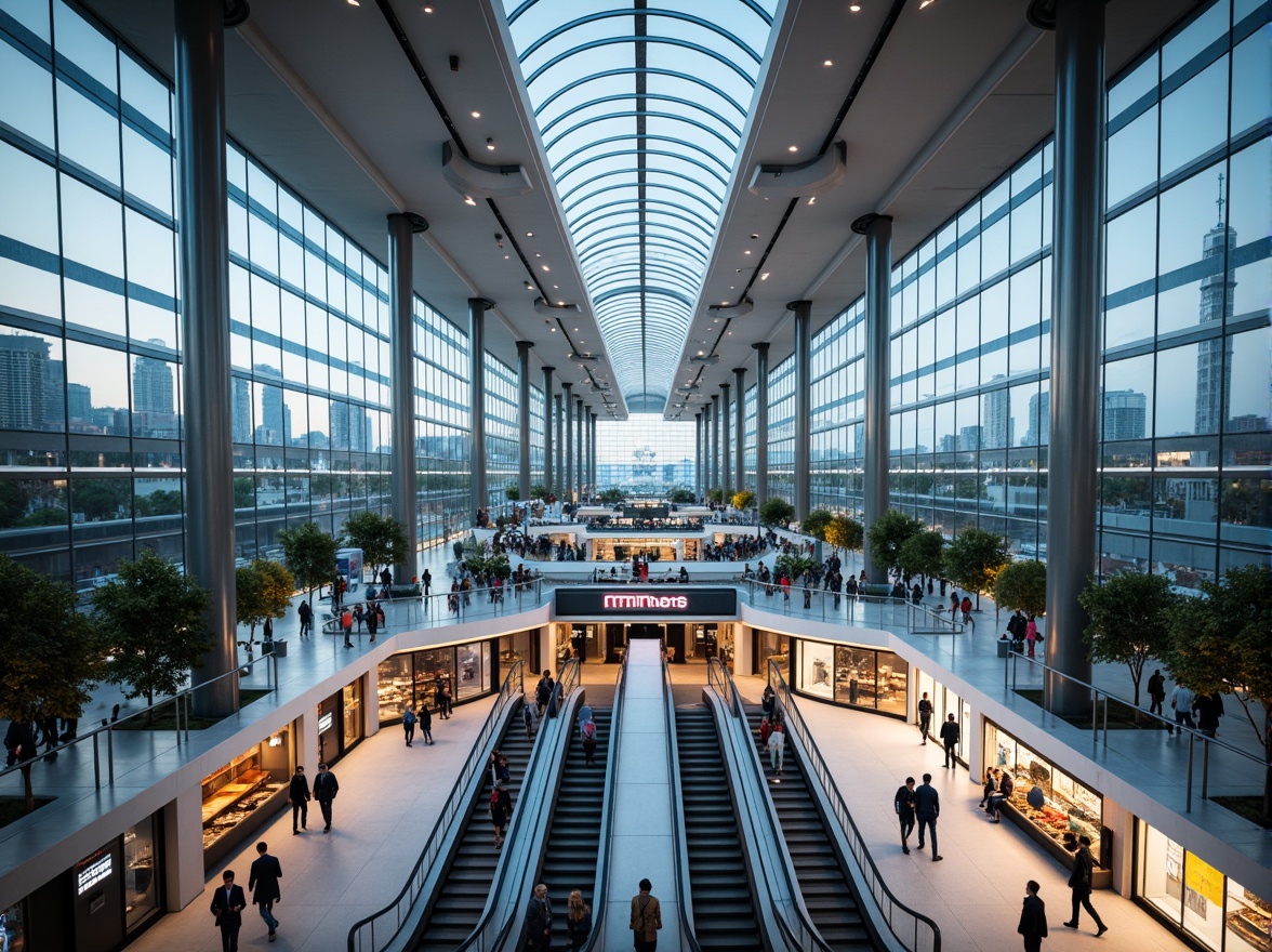 Prompt: Modern metro station, sleek glass roofs, stainless steel columns, efficient passenger flow, clear signage, vibrant LED lighting, comfortable seating areas, ample natural light, urban cityscape views, rush hour crowds, dynamic escalators, convenient retail spaces, advanced security systems, futuristic architecture, curved lines, minimal ornamentation, functional layout, 1/1 composition, shallow depth of field, realistic textures, ambient occlusion.