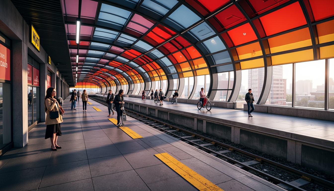 Prompt: Vibrant metro station, bold primary colors, contrasted accents, dynamic lighting, futuristic architecture, curved lines, modern materials, polished steel surfaces, glass ceilings, urban landscape, bustling atmosphere, morning rush hour, soft warm glow, shallow depth of field, 1/1 composition, panoramic view, realistic textures, ambient occlusion.