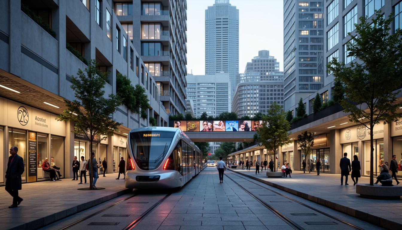 Prompt: Futuristic tram stations, curved blob-like structures, sleek metallic surfaces, glowing neon lights, urban cityscapes, bustling streets, modern skyscrapers, vibrant street art, pedestrian-friendly walkways, green roofs, public transportation hubs, efficient traffic flow systems, real-time passenger information displays, comfortable seating areas, spacious platforms, natural stone flooring, stainless steel handrails, overhead skylights, soft ambient lighting, shallow depth of field, 3/4 composition, panoramic view.