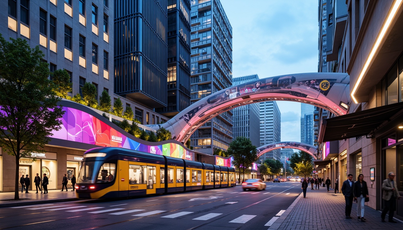 Prompt: Vibrant tram station, curved Blobitecture design, urban cityscape, bustling streets, modern skyscrapers, neon lights, pedestrian walkways, green roofs, public art installations, sleek metal facades, futuristic architecture, dynamic LED lighting, busy commuters, shallow depth of field, 1/2 composition, wide-angle lens, realistic reflections, ambient occlusion.