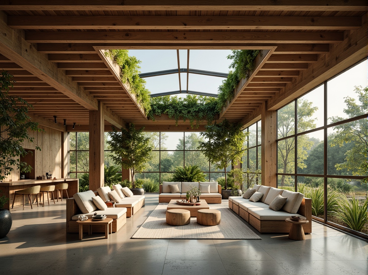 Prompt: Earthy tones, natural materials, reclaimed wood, living walls, green roofs, bamboo flooring, low-carbon concrete, recycled glass, sustainable textiles, eco-friendly insulation, minimalist aesthetic, open floor plans, abundant natural light, soft warm ambiance, 1/1 composition, shallow depth of field, realistic textures, ambient occlusion.