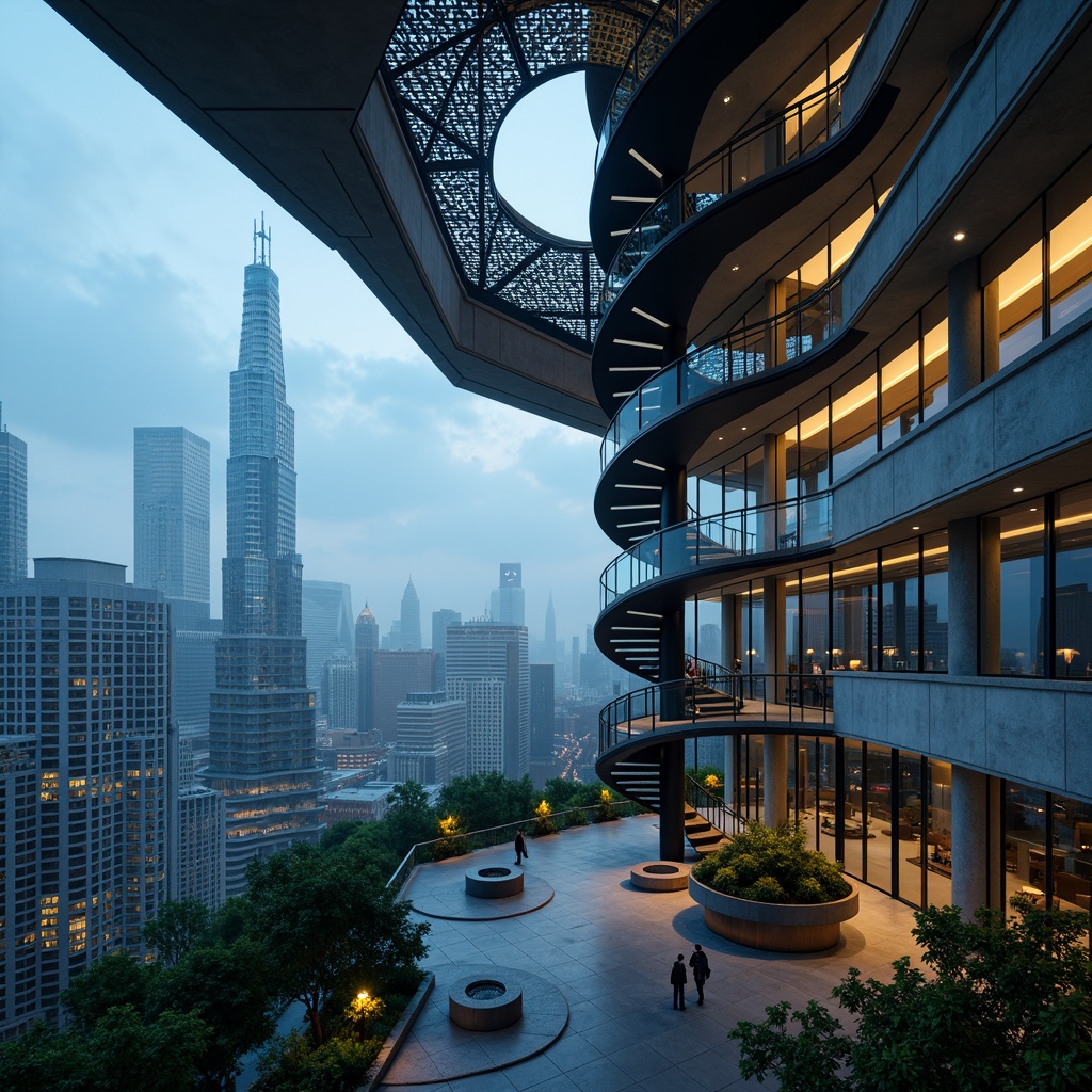 Prompt: Twisting spiral staircase, futuristic observatory, sleek metallic latticework, panoramic cityscape views, gleaming glass railings, modern minimalist architecture, cantilevered overhangs, asymmetrical geometric forms, neon-lit nighttime scenes, misty atmospheric effects, 1/1 composition, wide-angle lens, cinematic lighting, vibrant color grading, intricate structural details, weathered concrete textures.