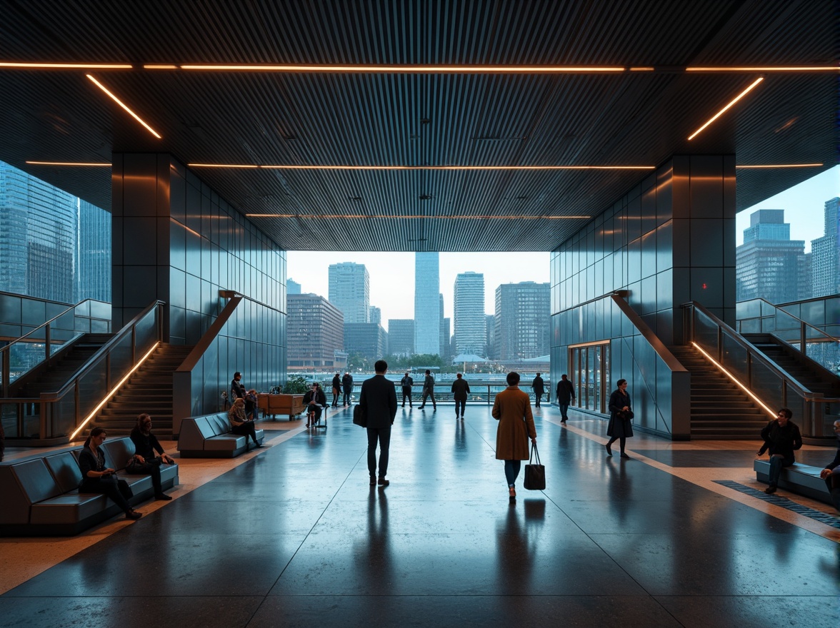 Prompt: Modern metro station, sleek steel beams, glossy flooring, LED strip lighting, futuristic ambiance, warm white illumination, soft indirect glow, dynamic color changing effects, high ceilings, grand stairs, minimalist seating areas, urban cityscape views, bustling commuter activity, realistic reflective surfaces, shallow depth of field, 1/2 composition, cinematic lighting, dramatic shadows, atmospheric fog effect.