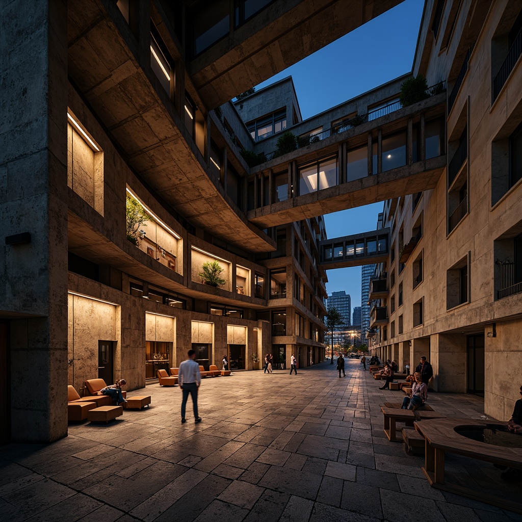 Prompt: Rugged concert house, brutalist architecture, exposed concrete walls, rough-hewn stone floors, metallic beams, industrial pipes, raw wood accents, urban cityscape, dramatic nighttime lighting, high-contrast shadows, warm spotlights, 1/2 composition, low-angle view, realistic textures, ambient occlusion, weathered metal surfaces, distressed wood finishes, geometric patterns, bold color contrasts.Let me know if this meets your expectations!