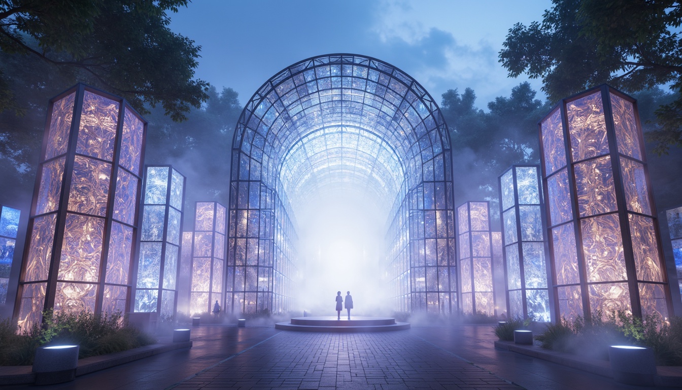 Prompt: Ethereal entrance, iridescent gates, luminous archways, misty atmosphere, soft diffused light, delicate petal-like structures, crystalline formations, shimmering curtains, holographic patterns, futuristic design, sleek metal framework, glowing accents, ambient illumination, subtle gradient effects, 3/4 composition, shallow depth of field, panoramic view, realistic textures.