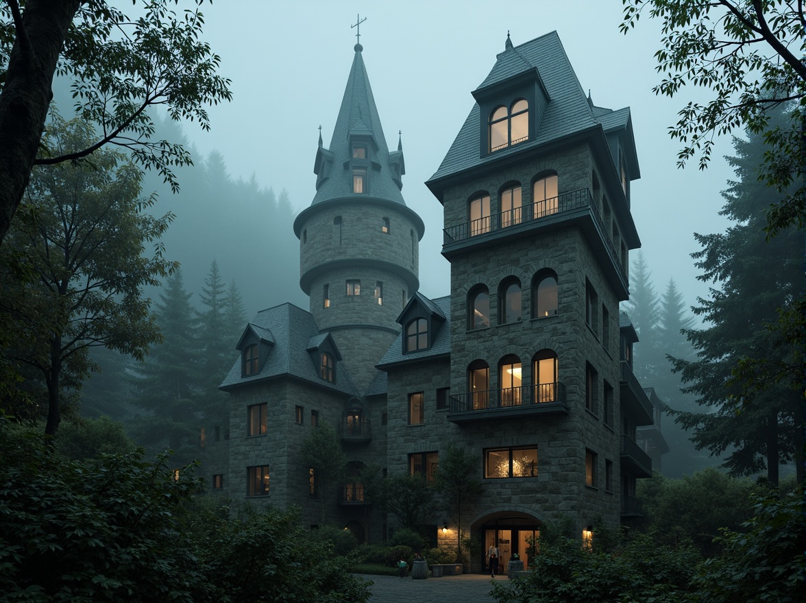 Prompt: Majestic watchtowers, medieval architecture, rugged stone walls, Gothic spires, grandeur scale, dramatic lighting, misty atmosphere, mysterious forest surroundings, ancient trees, twisted branches, ivy-covered facades, ornate ironwork, stained glass windows, mystical ambiance, warm candlelight, 1/1 composition, atmospheric perspective, cinematic mood, realistic textures, subtle color grading.