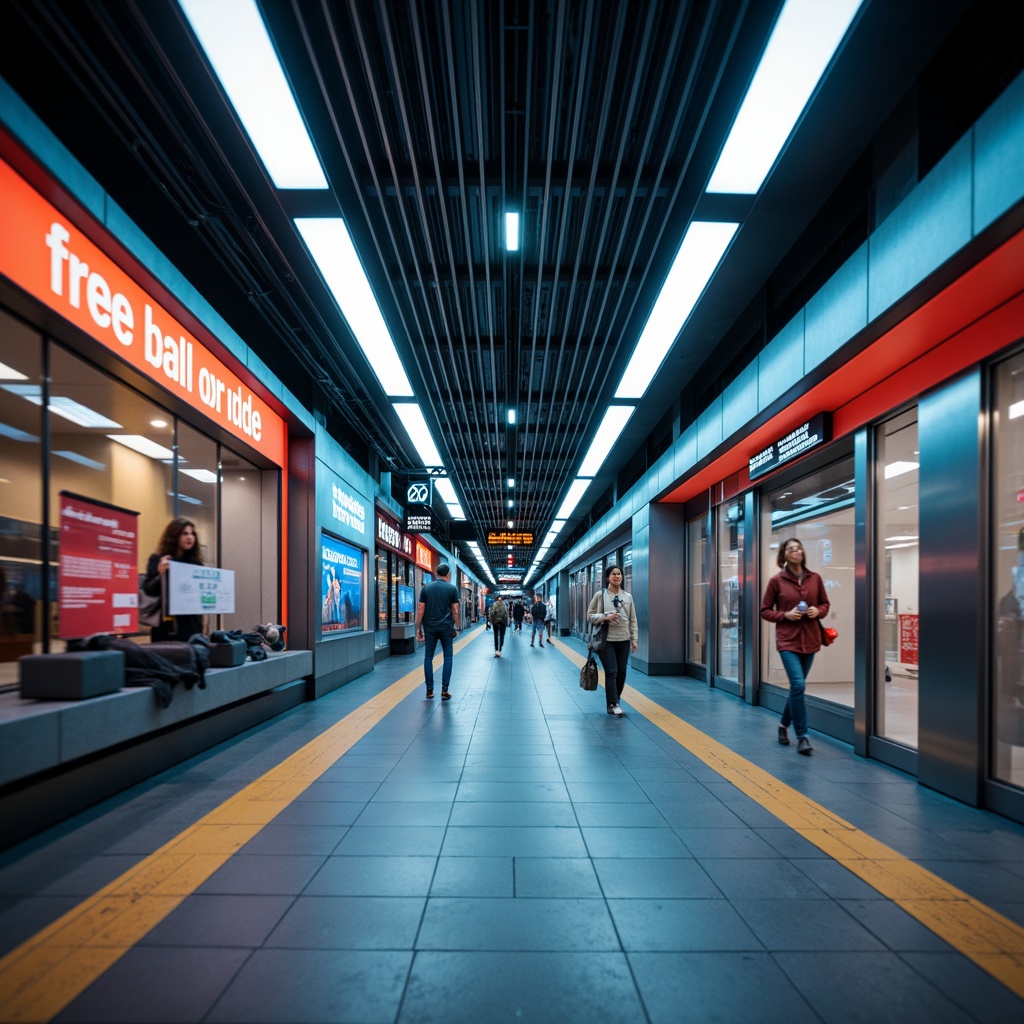 Prompt: Modern metro station, sleek lines, futuristic architecture, bright LED lighting, dynamic color changing effects, suspended ceiling fixtures, hidden ambient lights, polished metal surfaces, reflective glass walls, high-contrast visual displays, clear signage systems, efficient energy consumption, safety-oriented design, emergency light strips, warm tone color scheme, shallow depth of field, 1/1 composition, realistic textures, ambient occlusion.