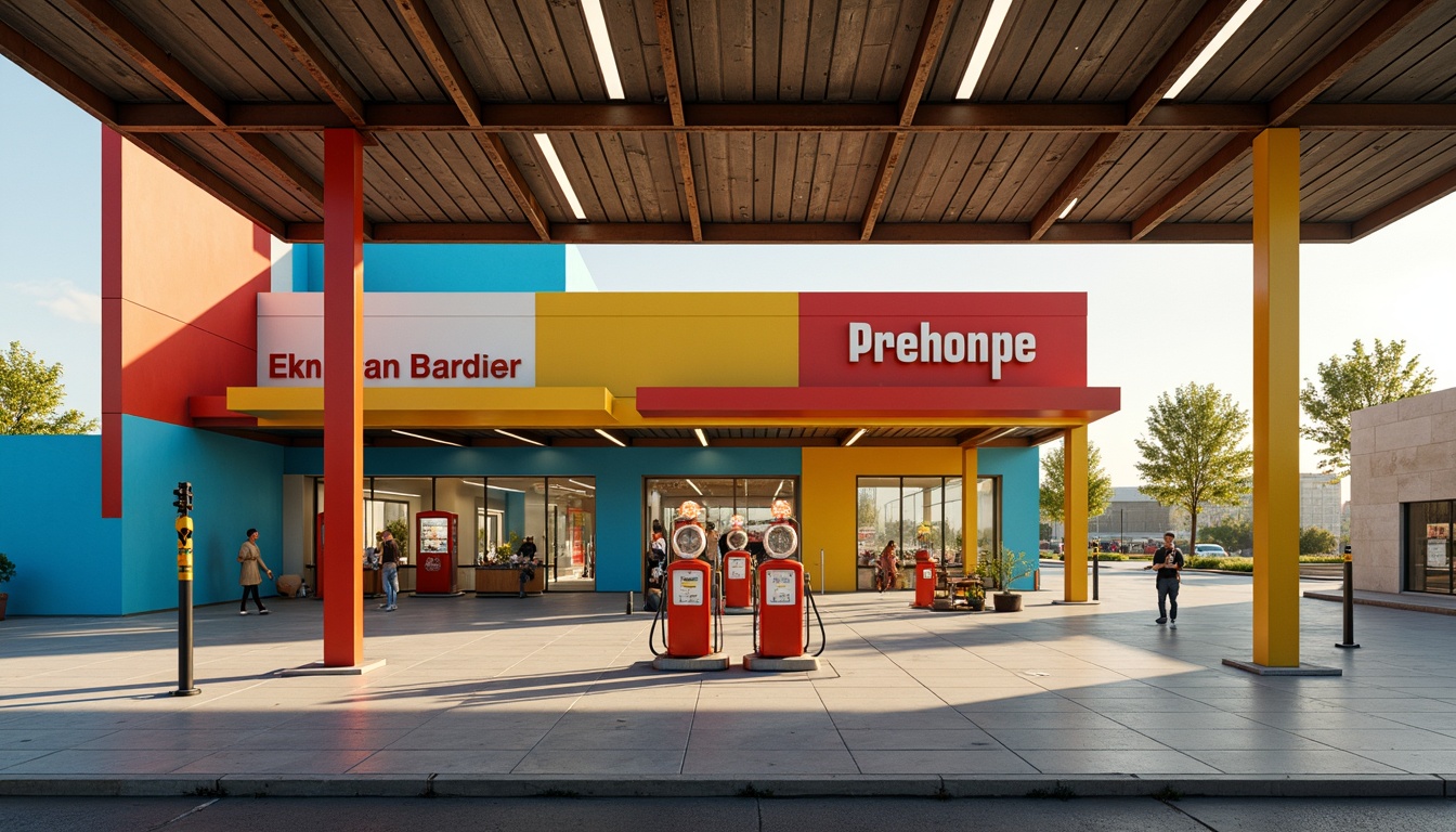 Prompt: Vibrant gas station, primary color scheme, bold geometric shapes, industrial materials, steel beams, concrete walls, functional architecture, minimalist design, rectangular forms, clean lines, sans-serif typography, vintage fuel pumps, retro-style signage, urban landscape, sunny day, high-contrast lighting, deep shadows, 3/4 composition, symmetrical framing, abstract textures, atmospheric effects.