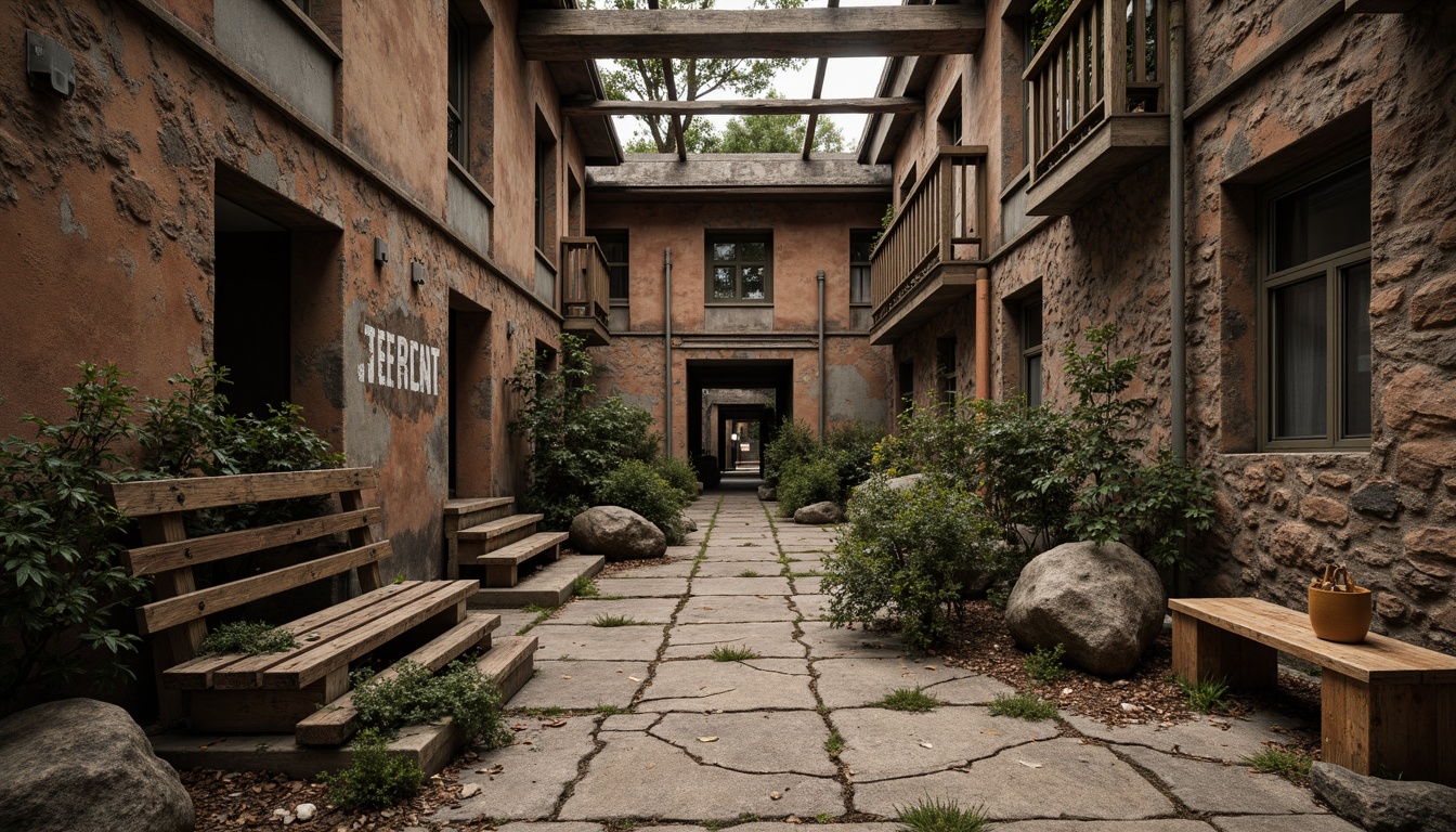 Prompt: Rustic wooden planks, weathered stone walls, distressed metal sheets, rough-hewn boulders, moss-covered rocks, cracked earthy terrain, aged brick facades, worn concrete floors, peeling paint surfaces, faded signage, vintage-inspired typography, nostalgic color palette, warm soft lighting, cinematic depth of field, 1/2 composition, dramatic shadows, high-contrast textures.