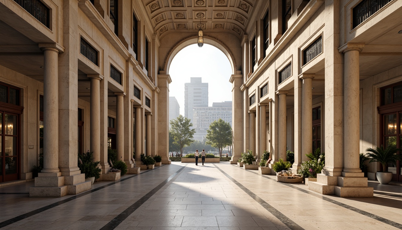 Prompt: Grand neoclassical distribution center, ornate facade details, classical columns, carved stone decorations, symmetrical architecture, rusticated base, grand entrance archways, large windows with decorative pediments, ornate metal balconies, subtle color palette, beige stone walls, polished marble floors, high ceilings, elegant chandeliers, soft warm lighting, 1/1 composition, realistic textures, ambient occlusion, atmospheric misting, morning sunlight, urban cityscape background.Let me know if this meets your requirements!