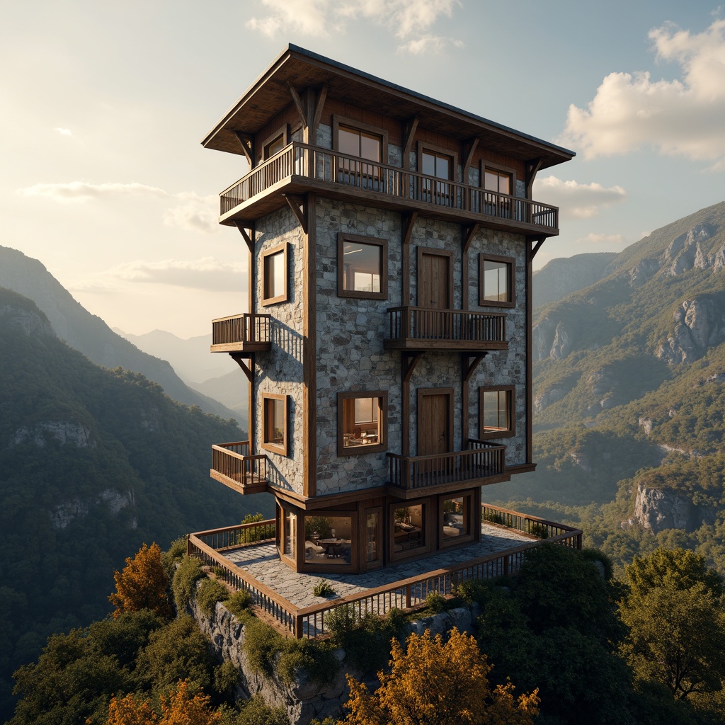 Prompt: Elegant watchtower, slender cylindrical shape, rustic stone walls, wooden accents, medieval-inspired architecture, scenic mountainous backdrop, misty atmosphere, warm golden lighting, shallow depth of field, 1/1 composition, realistic textures, ambient occlusion, observation decks, binoculars, telescopes, navigation instruments, ancient maps, mysterious artifacts, intricate carvings, ornate metalwork, distressed wood finishes.