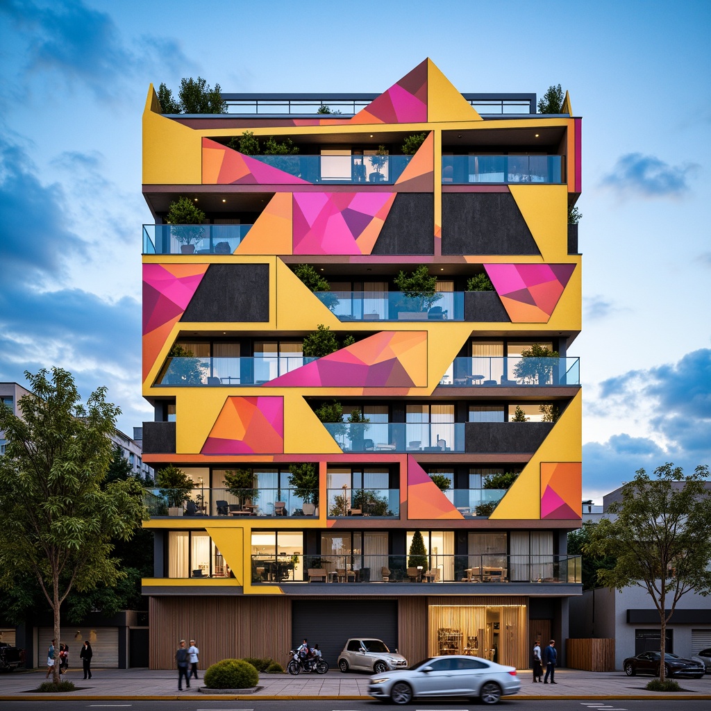 Prompt: Vibrant residential facade, abstract geometric patterns, bold color blocking, irregular shape formation, experimental material combinations, translucent glass panels, metallic mesh screens, cantilevered balconies, dynamic structural elements, futuristic aesthetic, urban cityscape, cloudy blue sky, warm soft lighting, 1/1 composition, shallow depth of field, realistic textures, ambient occlusion.