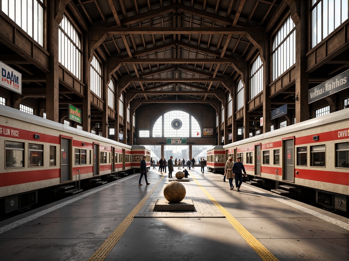 Prompt: Industrial-era train stations, geometric shapes, primary colors, bold typography, functional minimalism, steel beams, concrete floors, large windows, natural light, urban landscapes, busy atmosphere, vintage advertisements, distressed textures, retro-futuristic ambiance, warm and cool color contrasts, high-contrast lighting, dramatic shadows, 1/1 composition, symmetrical framing, realistic materials, ambient occlusion.