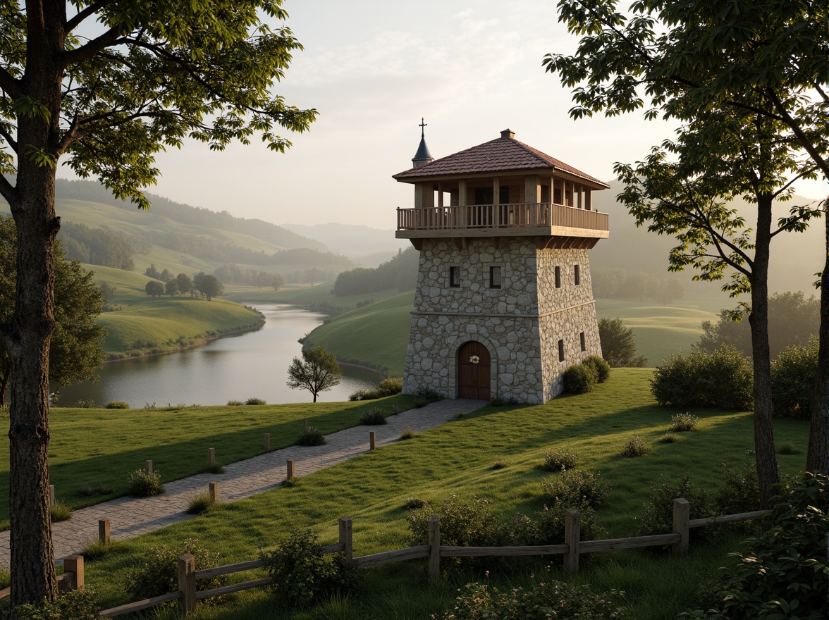 Prompt: Watchtower nestled in rolling hills, lush green meadows, winding stone pathways, rustic wooden fences, majestic oak trees, serene lakeside, misty morning atmosphere, soft warm lighting, 1/1 composition, symmetrical architecture, medieval-inspired towers, granite stone walls, wooden beam ceilings, lantern-style lighting fixtures, nature-inspired color palette, earthy tones, subtle texture details, ambient occlusion.