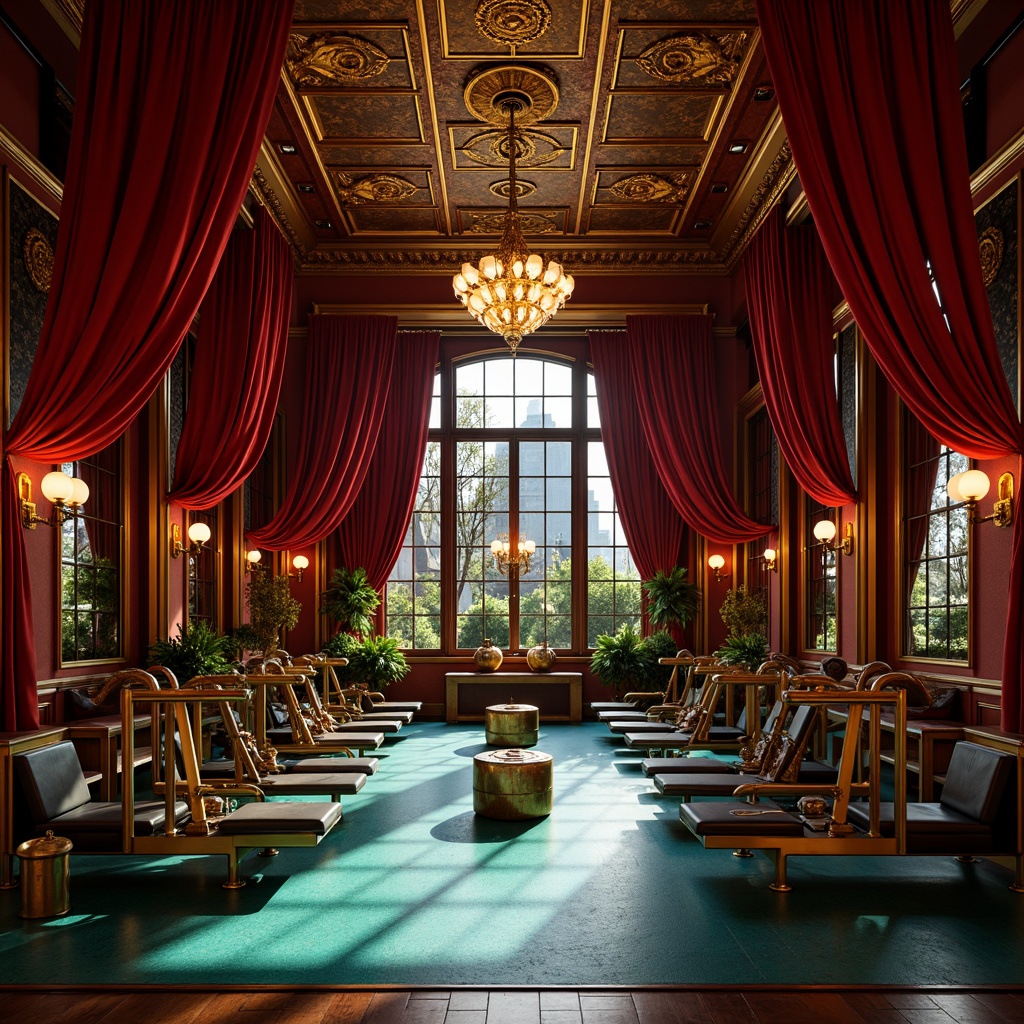 Prompt: Opulent fitness studio, rich velvet drapes, golden accents, ornate mirrors, lavish chandeliers, dark wood flooring, bold red walls, deep turquoise tones, metallic gold equipment, luxurious leather upholstery, dramatic lighting, high-contrast shadows, intense warm colors, regal atmosphere, grandiose architecture, intricate moldings, sophisticated textures, 1/1 composition, low-angle shot, cinematic lighting.