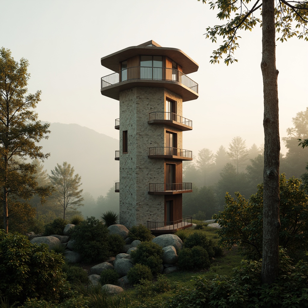 Prompt: Elegant watching tower, slender cylindrical shape, rustic stone walls, wooden accents, nature-inspired textures, earthy color palette, misty forest surroundings, foggy atmosphere, soft diffused lighting, warm golden hour, shallow depth of field, 1/1 composition, symmetrical framing, realistic foliage, ambient occlusion.