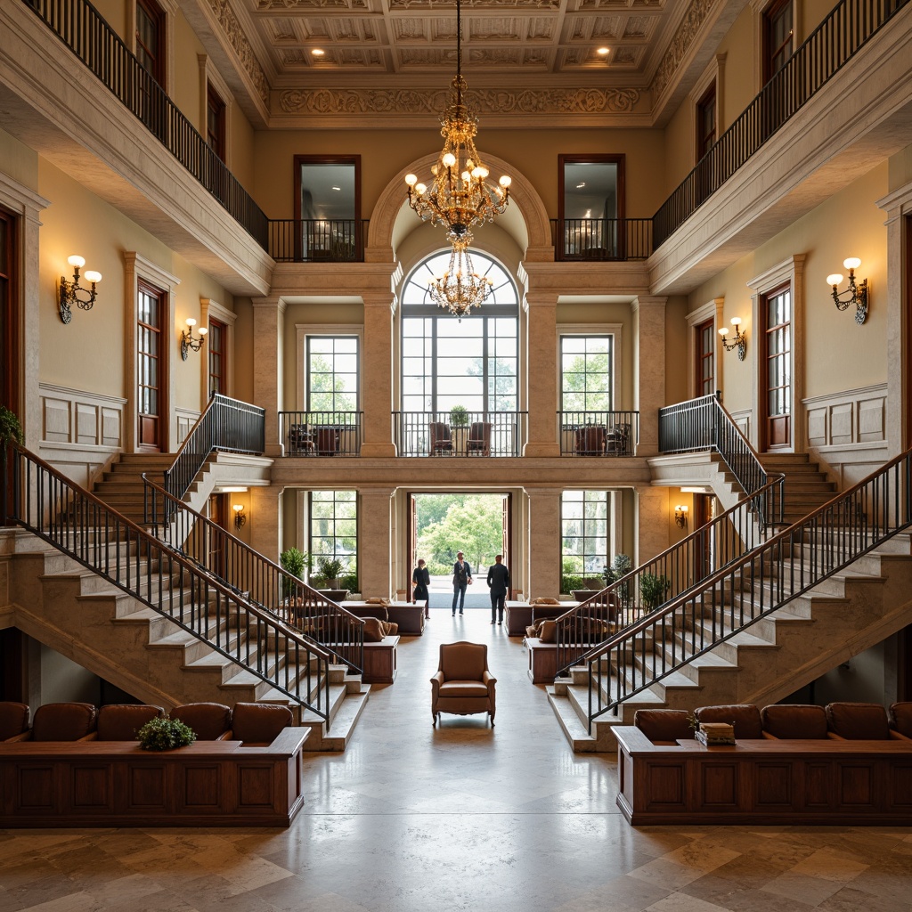 Prompt: Historic courthouse building, grand staircase, ornate metal railings, polished marble floors, high ceilings, large windows, natural light, traditional architecture, neoclassical style, symmetrical fa\u00e7ade, Corinthian columns, carved stonework, intricate moldings, warm beige tones, rich wood accents, comfortable leather seating, elegant chandeliers, subtle ambient lighting, shallow depth of field, 1/2 composition, realistic textures, ambient occlusion.