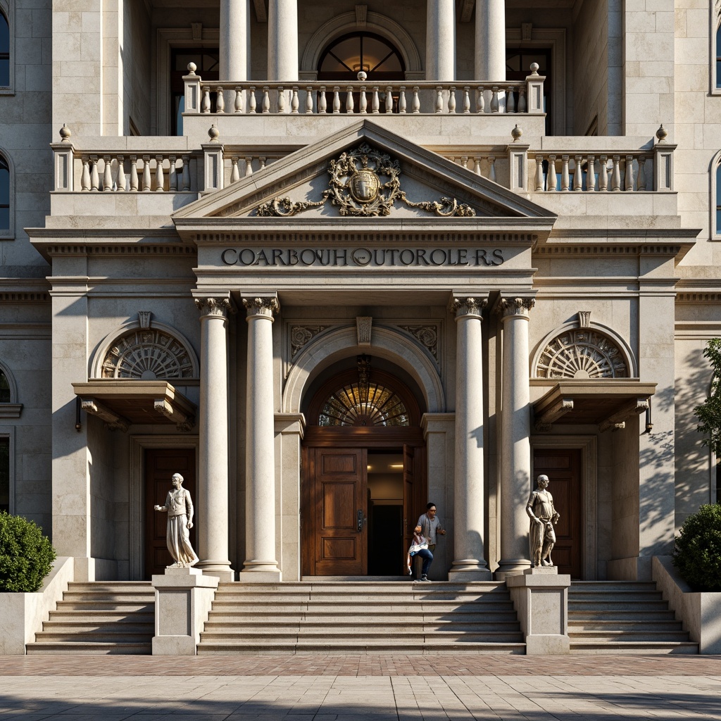 Prompt: Grandiose courthouse facade, Corinthian columns, ornate carvings, granite stone walls, symmetrical composition, grand entrance archways, intricate moldings, ornamental pediments, classical statues, bronze door handles, imposing clock towers, majestic staircases, richly patterned floor tiles, solemn atmosphere, soft natural lighting, 1/1 composition, realistic textures, ambient occlusion.