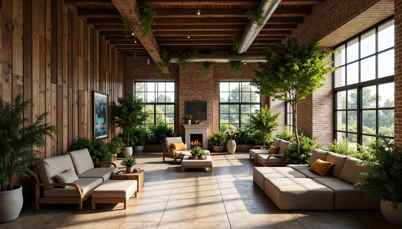 Prompt: Weathered wooden accents, reclaimed wood textures, earthy color palette, natural stone flooring, industrial metal beams, exposed brick walls, minimalist decor, abundant greenery, hanging plants, floor-to-ceiling windows, soft warm lighting, realistic shadows, 1/1 composition, atmospheric perspective, subtle camera movements, cinematic rendering, high-resolution textures.