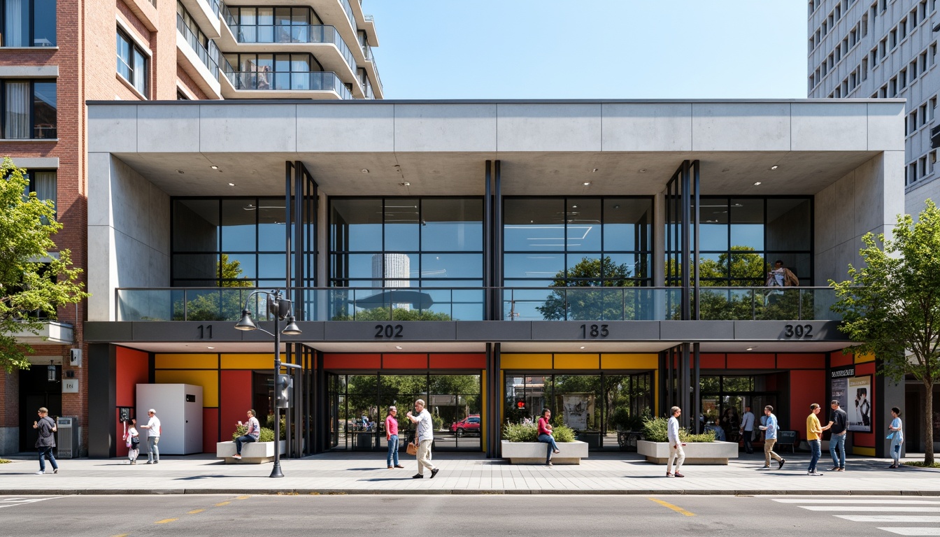 Prompt: Functional train station facade, geometric shapes, primary colors, industrial materials, steel beams, concrete walls, large windows, minimalist ornamentation, rectangular forms, clean lines, functional typography, urban surroundings, busy streets, modern cityscape, sunny day, high-contrast lighting, deep depth of field, 2/3 composition, dramatic shadows, realistic textures, ambient occlusion.