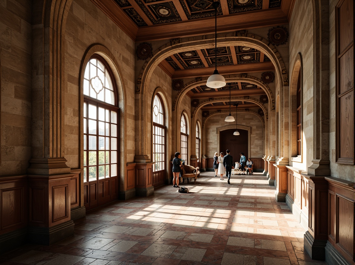 Prompt: Ornate school building, rustic stone walls, arched windows, ornamental carvings, grand entrance hallways, vaulted ceilings, intricate column capitals, decorative pilasters, richly patterned floors, warm earthy color palette, natural light pouring in, soft warm lighting, shallow depth of field, 3/4 composition, realistic textures, ambient occlusion.