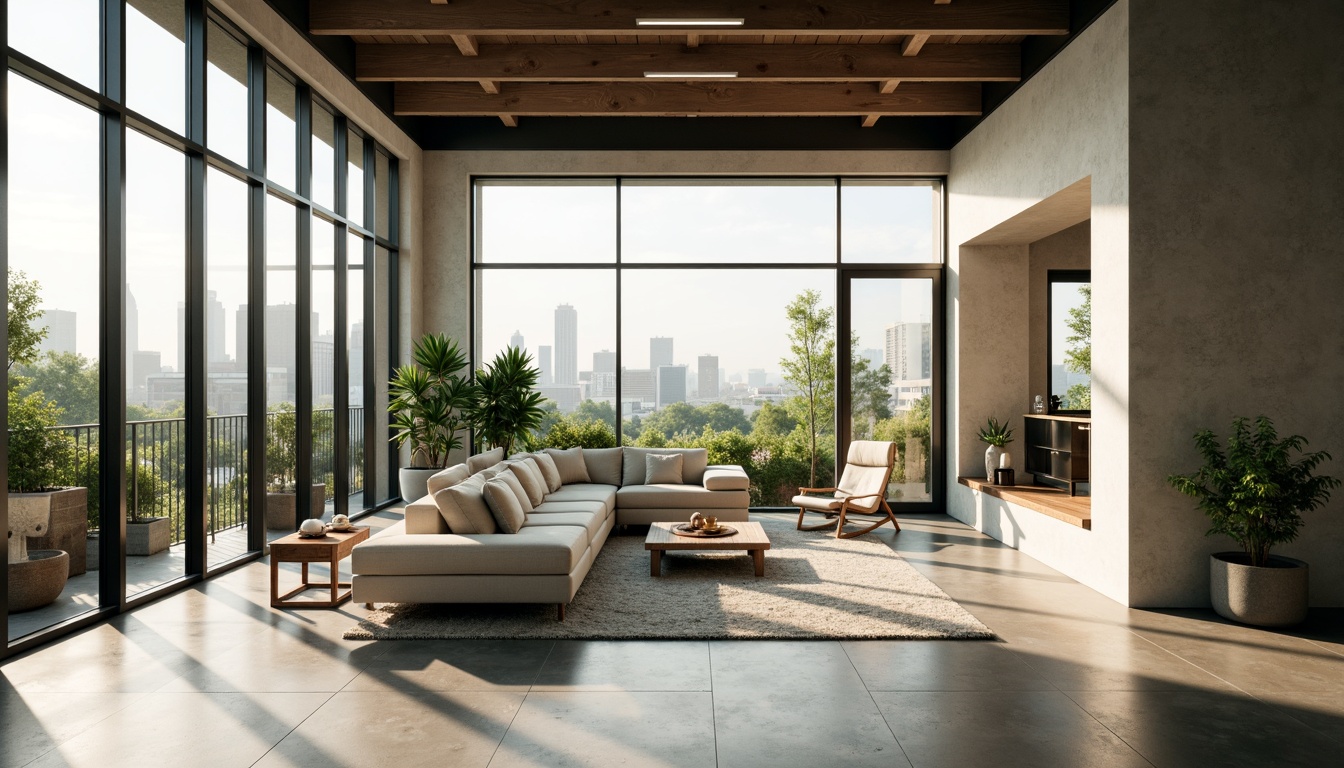 Prompt: Minimalist open-plan living room, floor-to-ceiling windows, natural light pouring in, sleek modern furniture, polished concrete floors, airy atmosphere, green walls, potted plants, wooden accents, industrial-chic decor, spacious high ceiling, panoramic city views, soft warm lighting, shallow depth of field, 3/4 composition, realistic textures, ambient occlusion.