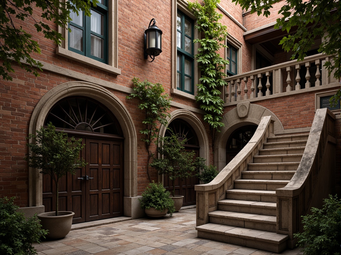 Prompt: Rustic loft building, Romanesque fa\u00e7ade, arched windows, ornate stone carvings, weathered brick walls, distressed wooden doors, medieval-inspired ironwork, lush greenery, climbing vines, worn stone stairs, atmospheric lighting, warm color palette, 1/1 composition, shallow depth of field, realistic textures, ambient occlusion.