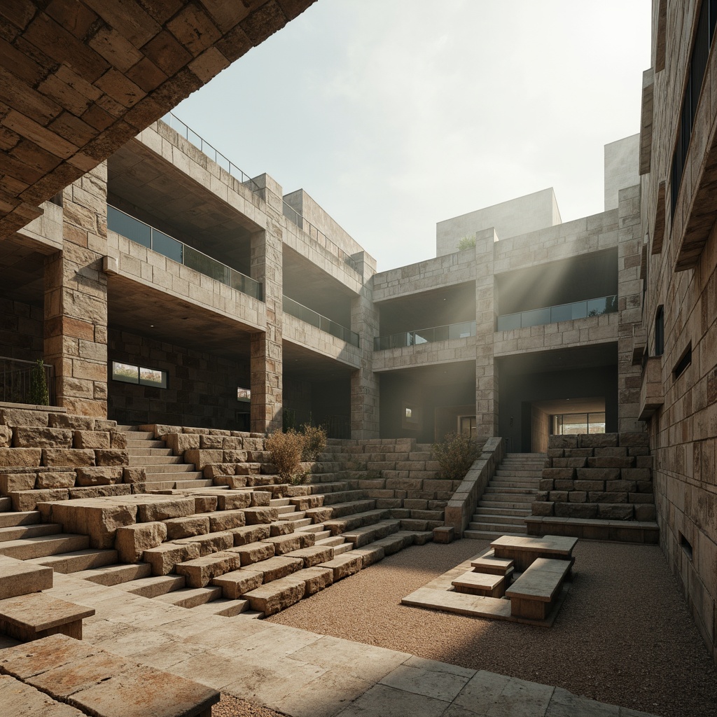 Prompt: Rugged amphitheater, brutalist architecture, exposed concrete structures, raw stone walls, angular lines, fortress-like design, monumental scale, dramatic staircases, cantilevered seating areas, poured-in-place concrete, rough-hewn textures, bold geometric shapes, minimalist detailing, natural light pouring in, diffused warm lighting, atmospheric fog effects, 1-point perspective composition, high-contrast photography, realistic material rendering.