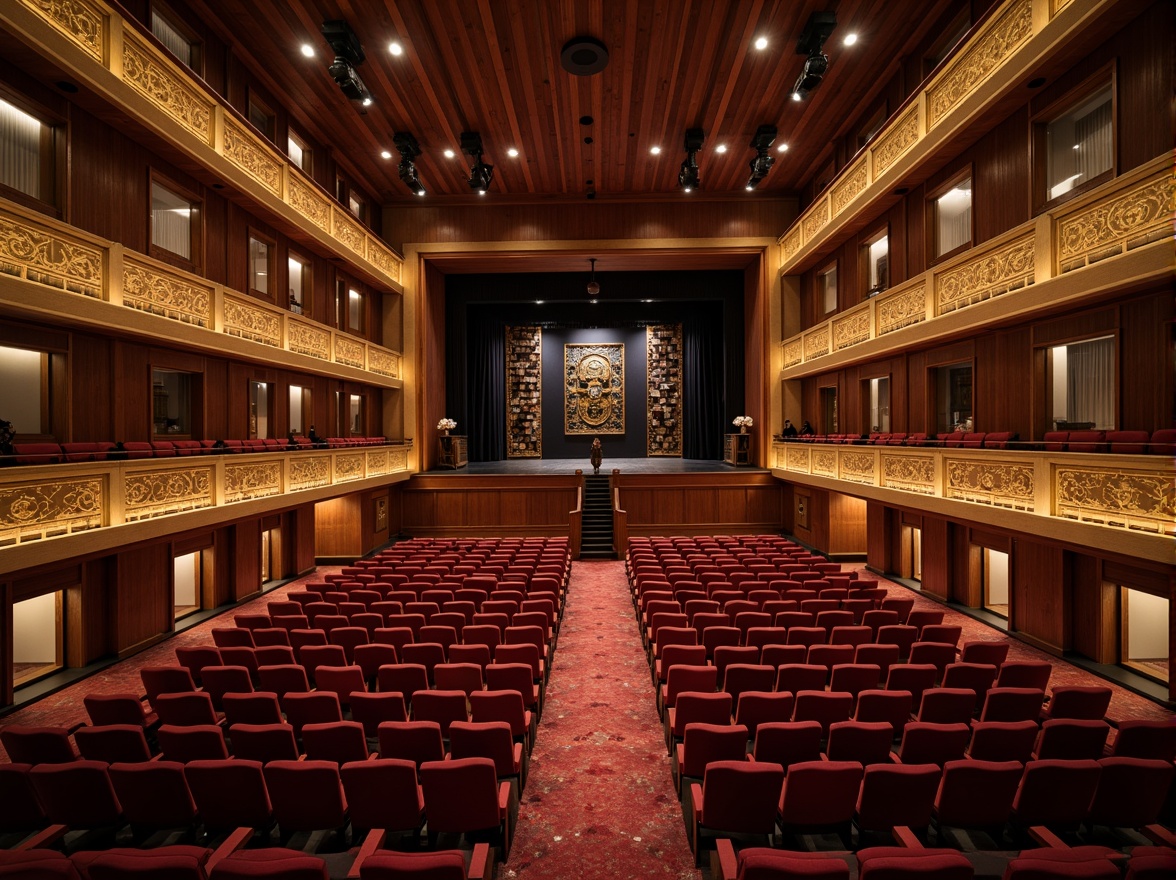 Prompt: Elegant theater interior, rich wooden accents, plush velvet seats, ornate golden balconies, subtle sound-absorbing materials, acoustic panels, precise speaker placement, tiered seating arrangement, dramatic stage lighting, soft warm ambiance, realistic textures, ambient occlusion, 1/1 composition, shallow depth of field, panoramic view.