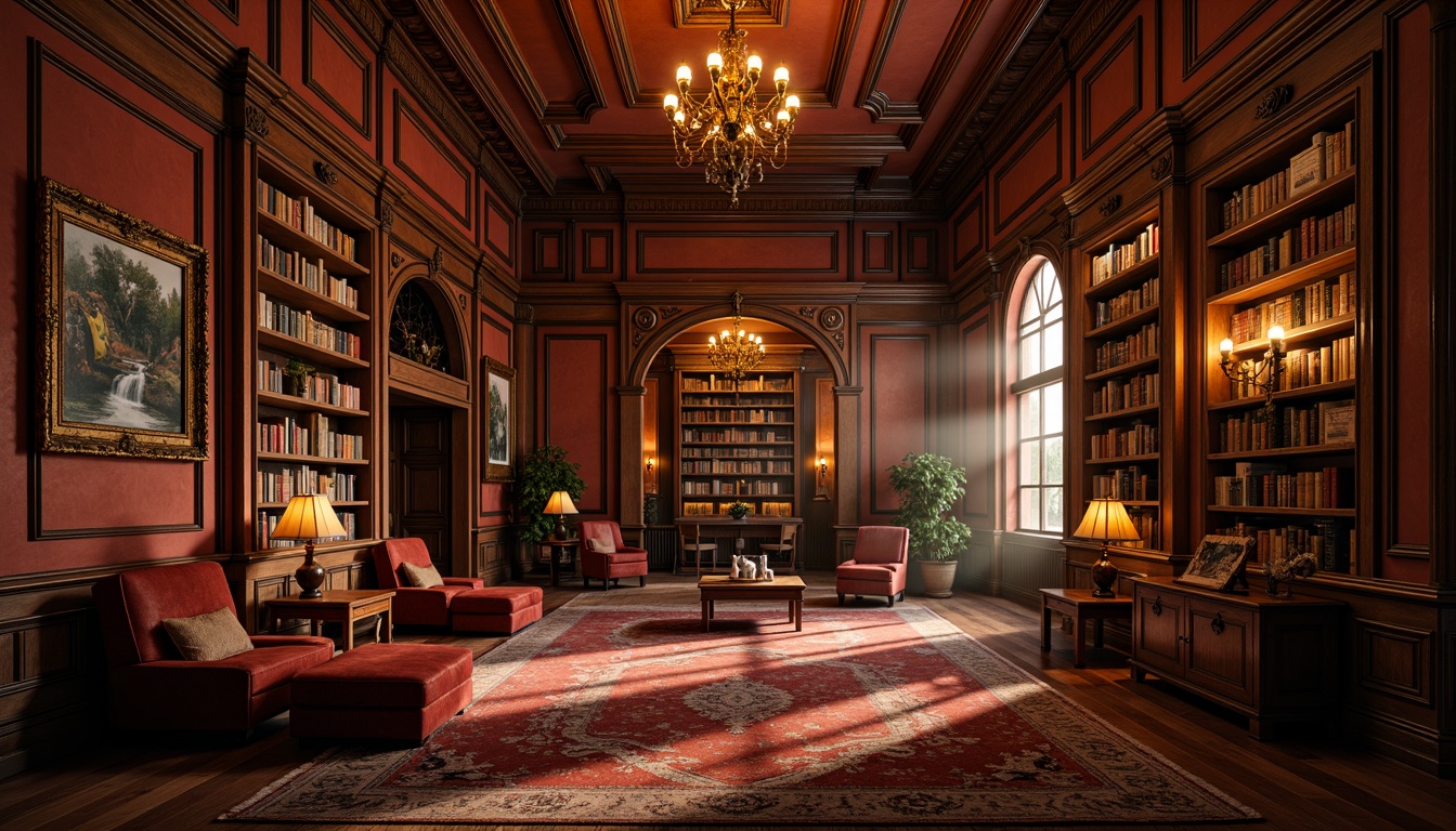 Prompt: Richly ornate library interior, warm earthy tones, terracotta red walls, dark wood accents, vintage bookshelves, leather-bound tomes, cozy reading nooks, comfortable armchairs, soft golden lighting, intricate moldings, grandiose high ceilings, ornate chandeliers, dramatic archways, mysterious alcoves, atmospheric mist, 1/1 composition, shallow depth of field, warm color grading, cinematic ambiance.