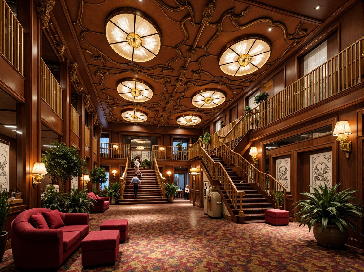 Prompt: Luxurious casino interior, ornate Art Nouveau details, flowing organic lines, golden accents, lavish chandeliers, rich velvet fabrics, intricate metalwork, curved wooden panels, opulent furnishings, grand staircase, lavish decorative ceilings, warm ambient lighting, shallow depth of field, 1/1 composition, realistic textures, subtle reflections.