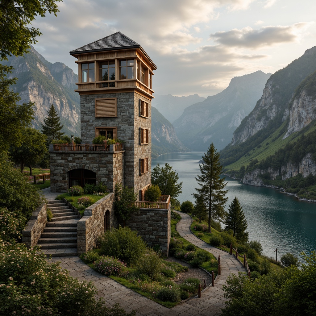 Prompt: Majestic watchtower, rugged stone walls, wooden accents, lush greenery, winding staircases, panoramic views, misty mountains, serene lakeside, vibrant wildflowers, rustic pathways, natural rock formations, dramatic skies, warm golden lighting, atmospheric fog, 3/4 composition, symmetrical framing, realistic textures, ambient occlusion.