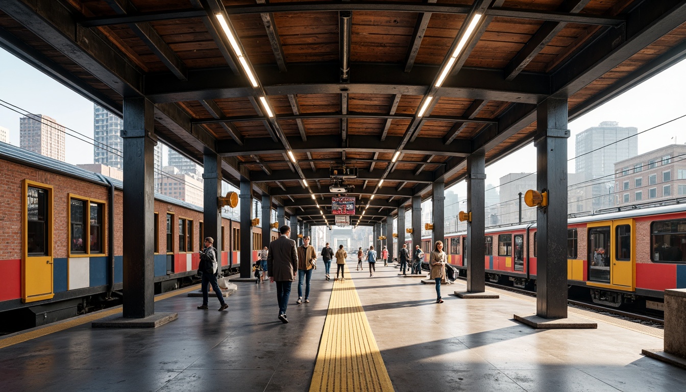 Prompt: Bauhaus-style train station, industrial metal framework, exposed brick walls, concrete floors, wooden accents, geometric patterns, vibrant primary colors, minimalist design, functional layout, ample natural light, steel beams, industrial lighting fixtures, raw material textures, distressed finishes, urban cityscape, morning commute, soft diffused lighting, shallow depth of field, 1/2 composition, symmetrical framing.