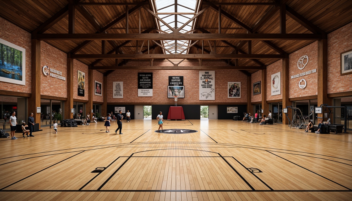 Prompt: Rustic gymnasium interior, regionalism style, wooden flooring, exposed brick walls, vaulted ceilings, steel beams, natural stone accents, earthy color palette, athletic equipment, basketball hoops, running tracks, fitness machines, mirrored walls, motivational quotes, ambient lighting, warm color temperature, shallow depth of field, 2/3 composition, symmetrical balance, realistic textures, subtle reflections.