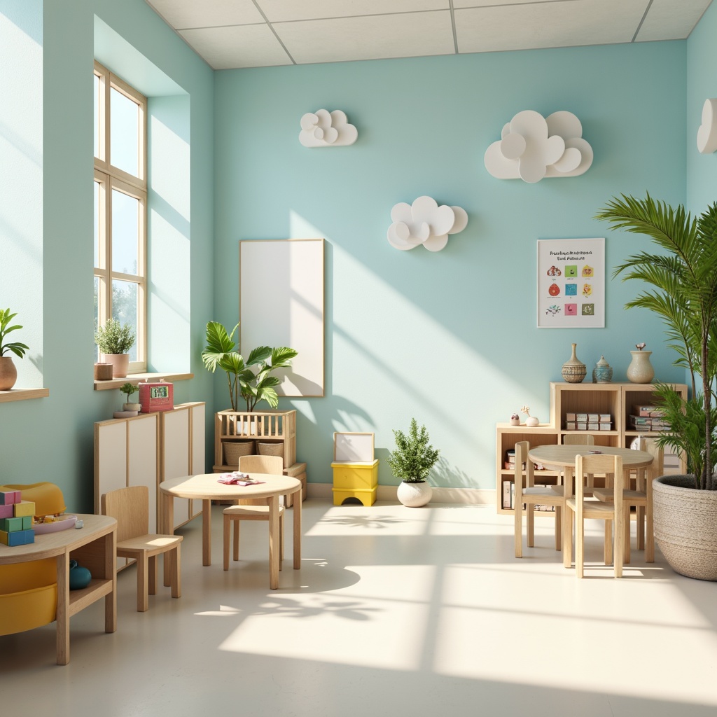 Prompt: Pastel light blue walls, soft cream floors, whimsical cloud-shaped decorations, colorful toy blocks, educational posters, wooden play tables, tiny chairs, interactive whiteboards, rounded safety corners, cozy reading nooks, natural wood accents, gentle morning sunlight, shallow depth of field, 1/1 composition, warm ambient lighting, subtle texture overlays.