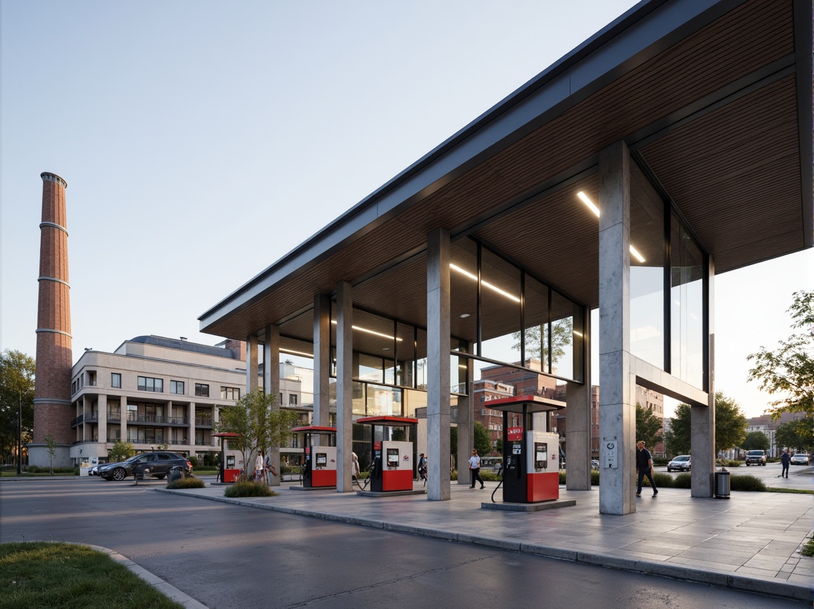 Prompt: Functional gas station, Bauhaus style, angular lines, minimalist design, industrial materials, steel beams, concrete floors, large glass windows, geometric shapes, functional lighting, open spaces, ample parking, fuel pumps, modern payment systems, sleek signage, urban landscape, morning sunlight, shallow depth of field, 3/4 composition, panoramic view, realistic textures, ambient occlusion.