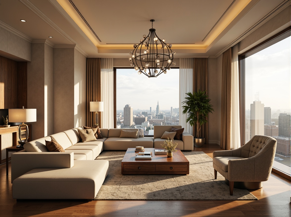 Prompt: Elegant living room, plush sectional sofa, tufted velvet armchair, rich wood coffee table, statement lighting fixture, neutral beige walls, creamy white trim, polished hardwood floors, soft area rug, floor-to-ceiling drapery, panoramic city view, 1/2 composition, warm golden lighting, shallow depth of field, realistic textures, ambient occlusion.