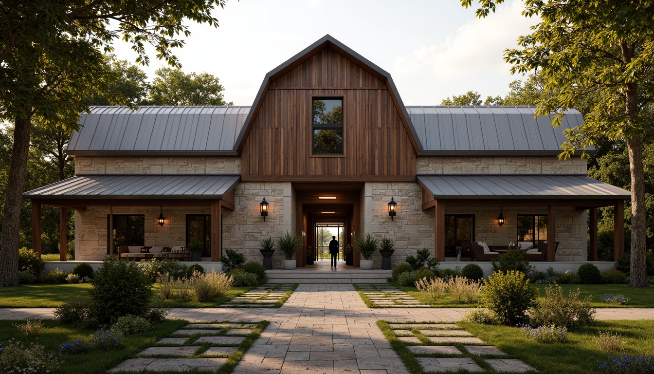 Prompt: Rustic barn-style facade, symmetrical neoclassical architecture, earthy stone walls, wooden accents, vintage metal roofs, lush greenery, blooming wildflowers, meandering stone pathways, ornate iron gates, lantern-style lighting, warm golden hour, soft diffused light, 1/1 composition, shallow depth of field, realistic textures, ambient occlusion.