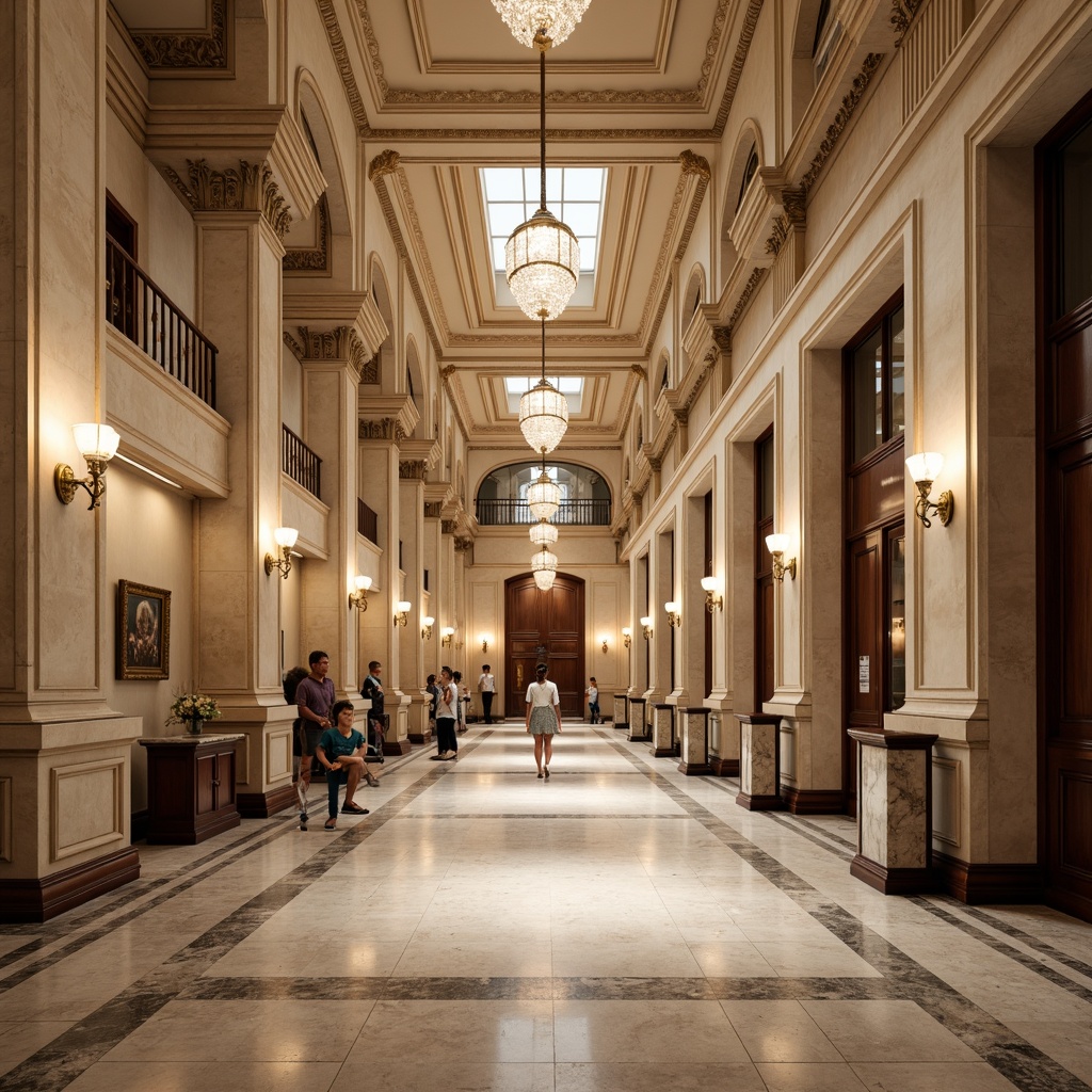 Prompt: Majestic courthouse building, neoclassical architecture, grandiose columns, ornate details, symmetrical facades, limestone walls, granite flooring, warm beige color scheme, rich wood tones, elegant furnishings, bronze door handles, crystal chandeliers, soft natural lighting, subtle shading, 1/1 composition, central axis symmetry, atmospheric perspective, realistic textures, ambient occlusion.