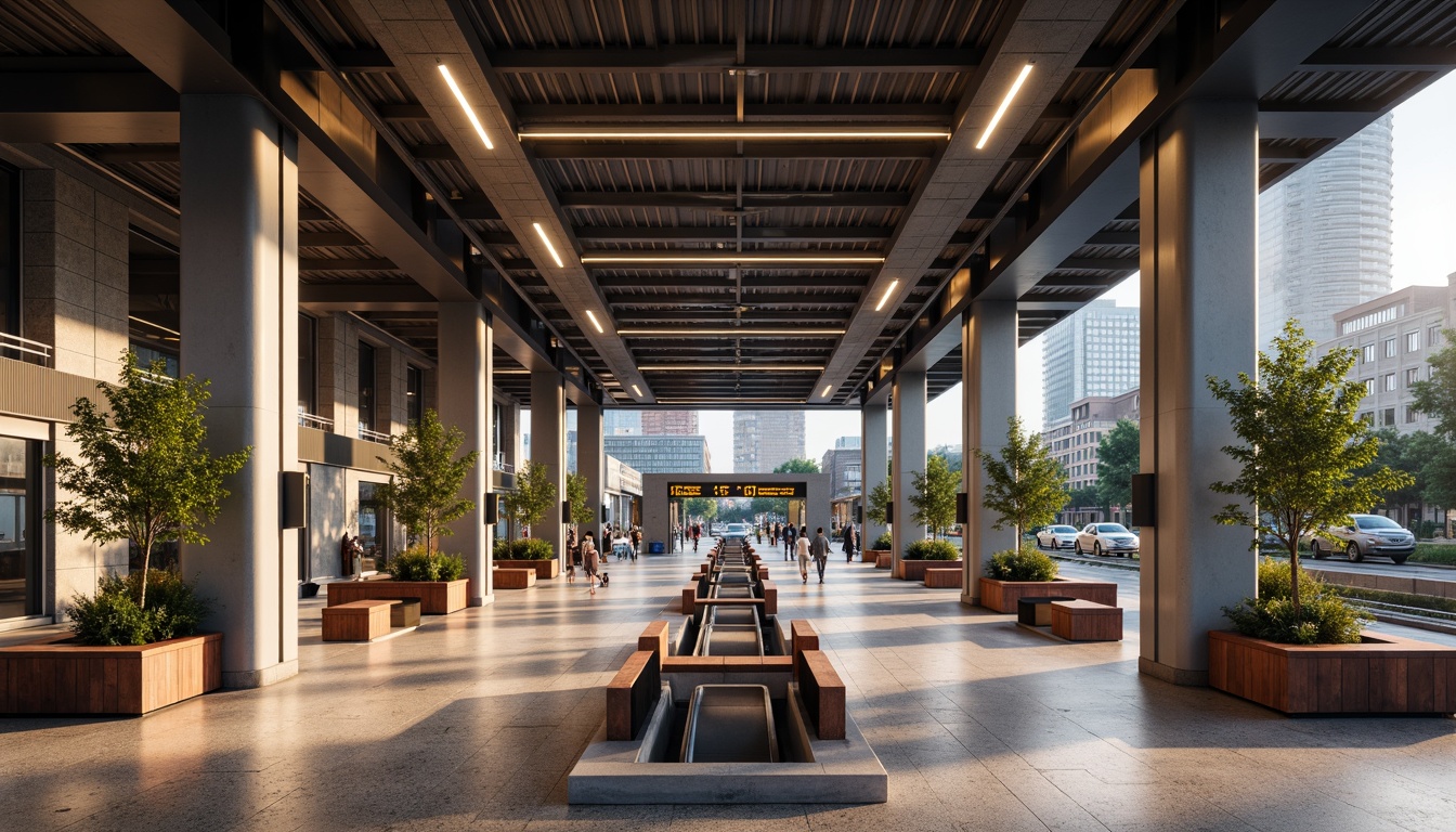 Prompt: Modern metro station interior, sleek steel columns, polished granite floors, vibrant LED lighting, futuristic signage systems, comfortable waiting areas, ergonomic benches, elegant glass partitions, dynamic escalators, spacious concourses, urban art installations, natural stone accents, warm color schemes, shallow depth of field, 1/1 composition, realistic textures, ambient occlusion.