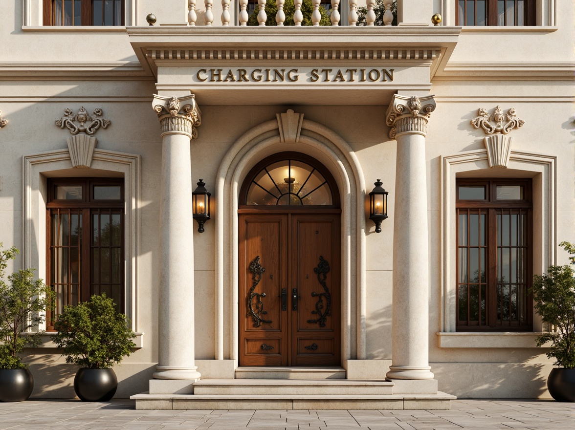 Prompt: Grandiose charging station, ornate columns, intricately carved details, symmetrical facade, grand entrance, bronze door handles, lantern-inspired lighting fixtures, cream-colored stone walls, rusticated base, pedimented roof, classical proportions, subtle arches, refined moldings, elegant cornices, sophisticated pilasters, richly textured surfaces, warm golden lighting, shallow depth of field, 1/2 composition, realistic reflections, ambient occlusion.